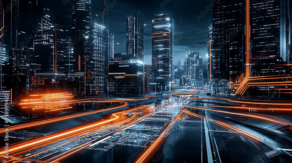 Poster futuristic urban center with ai-driven 3d elements and neon highlights