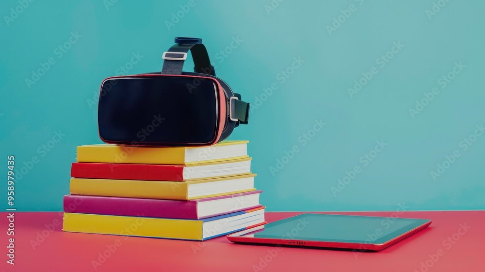 Aufkleber vr headset on a stack of books with a tablet on a red table with a blue background.