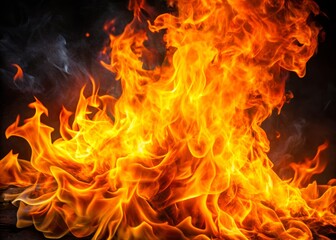 Fototapeta premium Vibrant orange and yellow flames erupt from a crackling blaze, illuminating a dark background with intense heat and