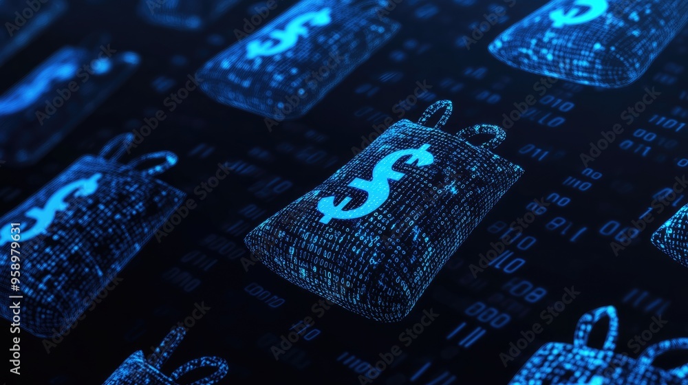 Poster digital representation of money bags with binary code background, symbolizing finance and technology