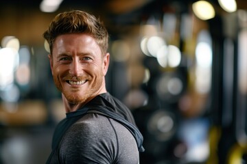 Obraz premium A Caucasian fitness trainer stands in a gym with a gray t-shirt and black shorts, looking directly at the camera. The background is blurred, indicating movement or activity within the gym.