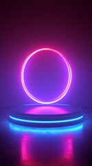 A neon lighted circle is on a dark background