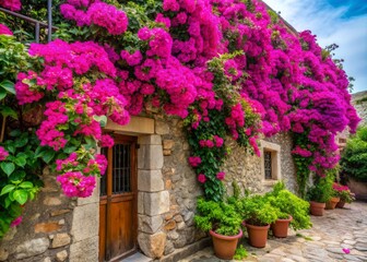 Vibrant pink bugambilia flowers cascade down a weathered stone wall in vibrant bloom, surrounded by lush green foliage,