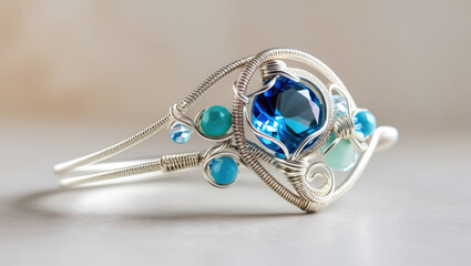 This Elegant Wire Wrapped Bracelet features exquisite Blue Gemstones beautifully arranged. Ring made of silver wire and semi-precious blue stones.