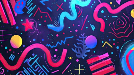 an 80s inspired poster background, featuring abstract illustrations and shapes, quirky neon artwork