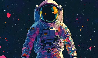 Astronaut in a Vibrant Space Suit Against a Starry Background
