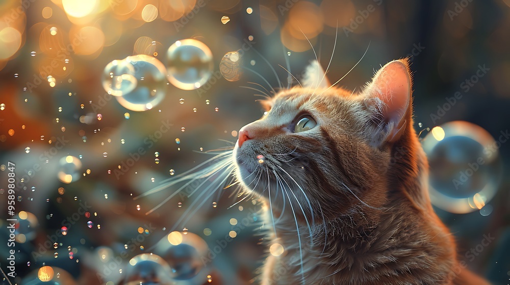 Poster a curious orange tabby cat stares up at a stream of iridescent soap bubbles floating through the air
