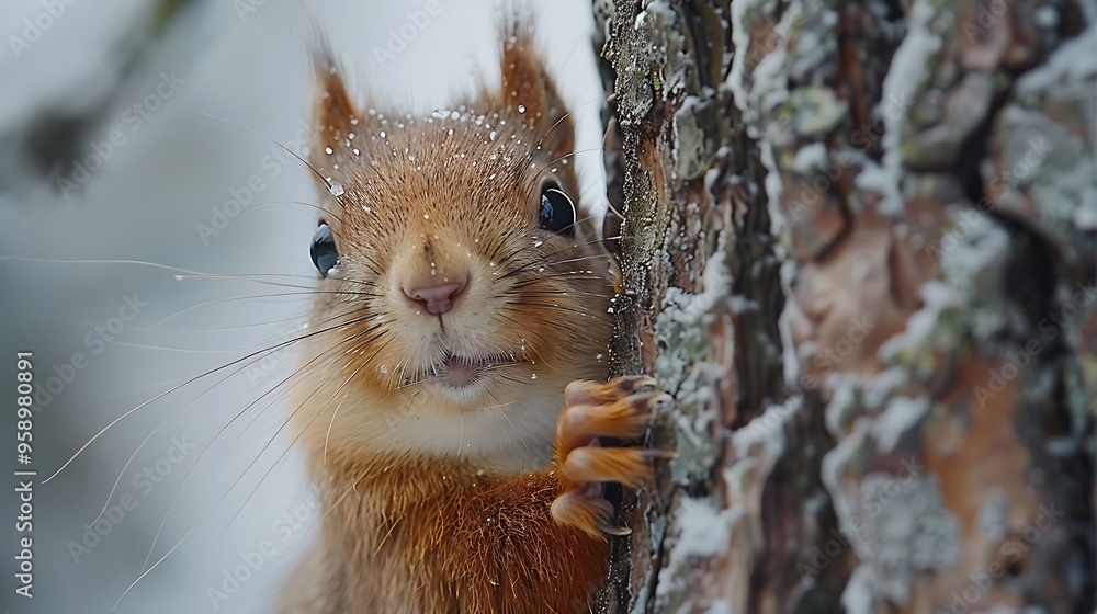 Poster a red squirrel peeks out from behind a snow-covered tree trunk, its fur dusted with snow.