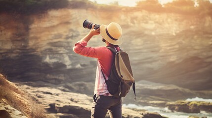 A man in a hat takes a picture of a rocky landscape. - Powered by Adobe