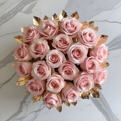 Stunning photorealistic top-view of a white marble background with blush pink roses and gold leaf accents, creating an opulent and minimalistic look.
