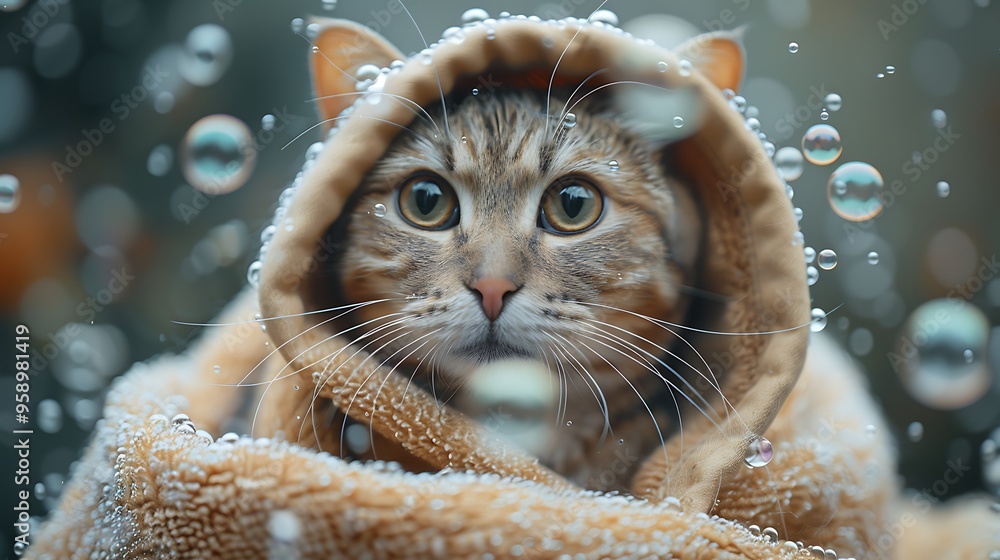Poster a cute tabby cat wrapped in a soft blanket with soap bubbles falling around it.