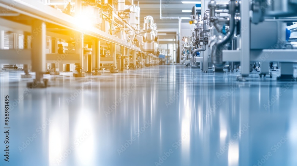 Poster a clean, modern factory floor with gleaming machinery and a bright, sunlit workspace. the image depi