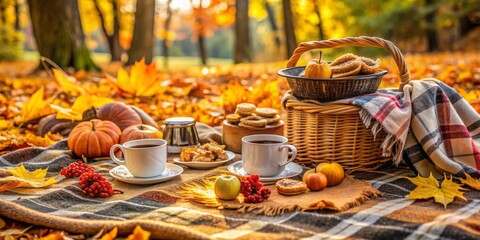 Autumn Picnic in the Woods with Two Cups of Tea and a Basket, Fall , Picnic , Forest