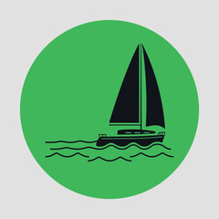 Round green icon with black silhouette of a sailing yacht.  Vector on a gray background