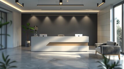 "A sophisticated and modern office reception space designed with stylish furniture, sleek lines, and warm, welcoming lighting."
