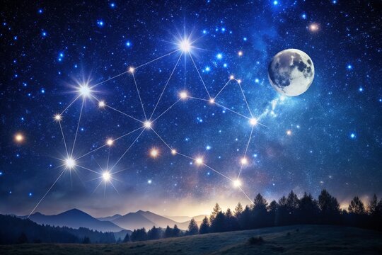 Vibrant stars and constellations illuminate a tranquil night sky, highlighting the majestic Capricornus constellation,