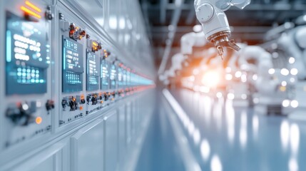 A close-up of a control panel in a futuristic factory setting, with robotic arms in the background.