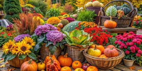 Autumnal Garden Bounty with Pumpkins, Flowers, and Gourds, Fall Decor, Harvest, Garden