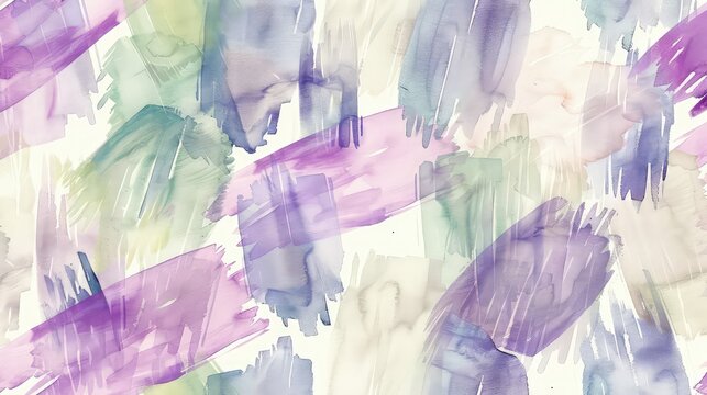 Create a watercolor seamless pattern featuring delicate brush strokes in a palette of pastel purples, creams, and greens, each stroke subtly blending into its surroundings.