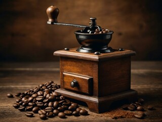 Fototapeta premium Vintage wooden coffee grinder with coffee beans, shown realistically.