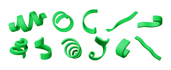 3d set of spiral confetti isolated. Render colorful serpentine collection. Different curly ribbon. Firecracker elements in various shapes. Party, holiday, surprise birthday. Vector illustration