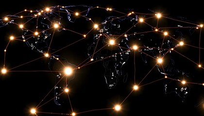 Fototapeta premium A world map at night showing the lights of cities and towns across the globe, with the continents and oceans visible in the dark background