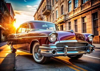 Vintage classic American automobile with curved fins, chrome accents, and a rich glossy paint job stands proudly on