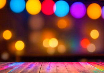 Wooden Tabletop With Colorful Bokeh Lights.