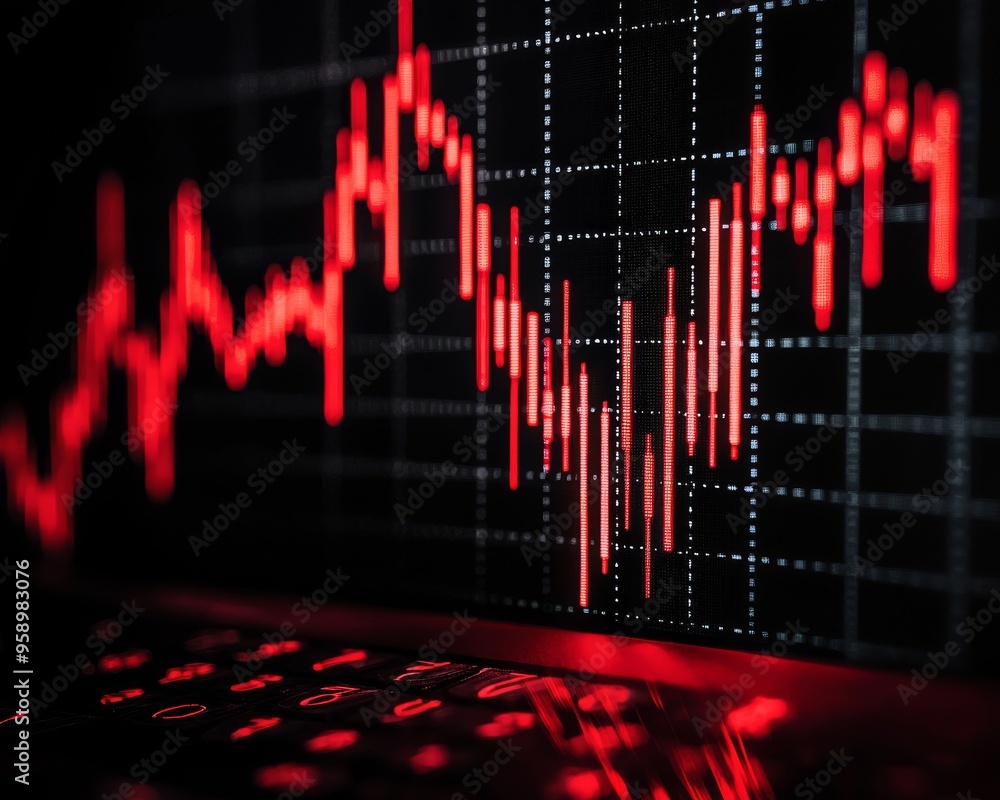 Poster a close-up of a red stock market graph displayed on a computer screen, with a keyboard in the foregr