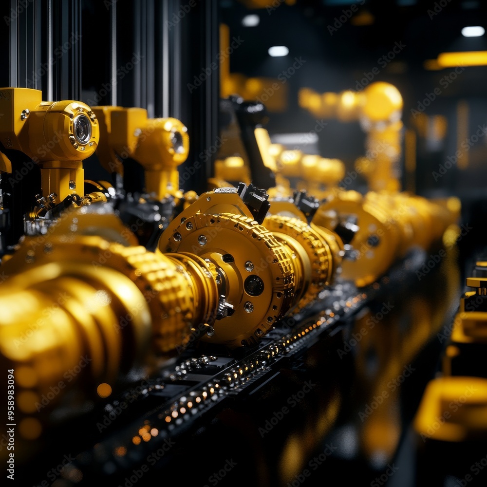 Poster a close-up of a row of golden gears and machinery in a factory setting. the image conveys a sense of