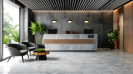 "A sophisticated and modern office reception space designed with stylish furniture, sleek lines, and warm, welcoming lighting."
