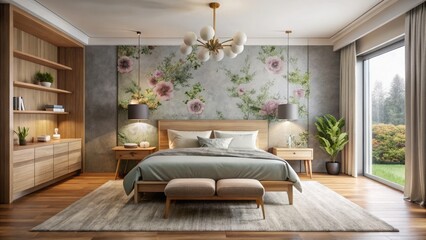 Serenely lit, modern bedroom features a plush gray area rug, minimalist wooden furniture, and a vibrant floral accent wall, exuding relaxation and sophisticated style.