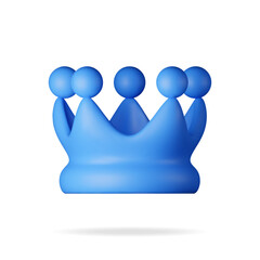 3D blue crown icon isolated on white. Render plastic crown emoji symbol. Emoticon for VIP, rich, winner luxury premium success. Customer feedback, rating or status signs. Realistic vector illustration