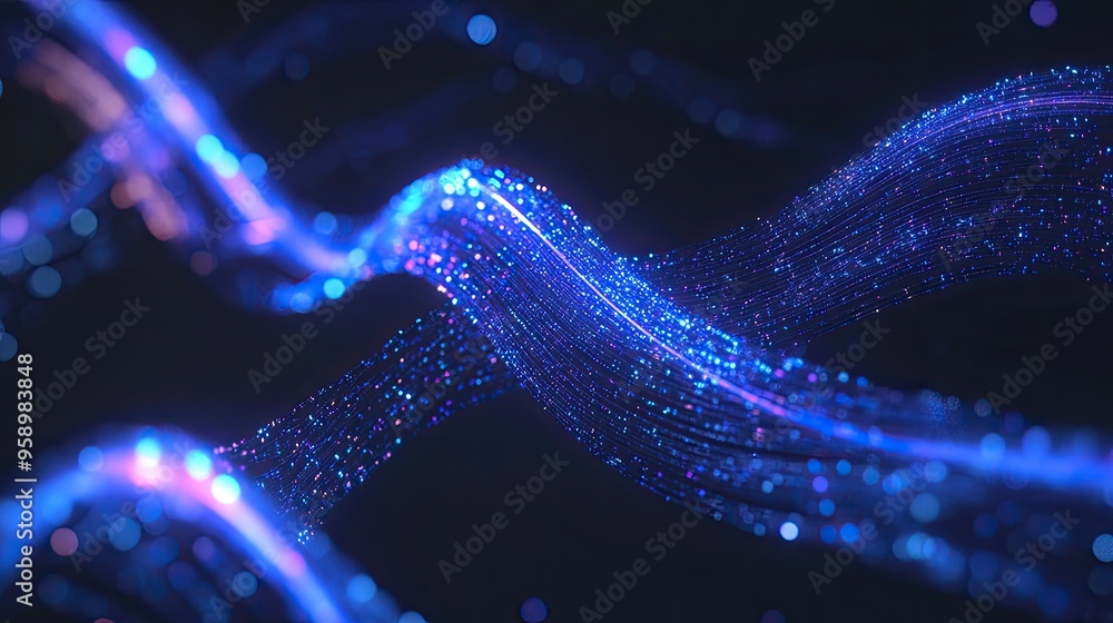 Poster a vibrant abstract representation of flowing light waves and particles.