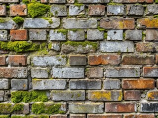 Fototapeta premium Weathered grey brick wall with subtle texture, faded mortar, and scattered moss growth, evoking a sense of age,
