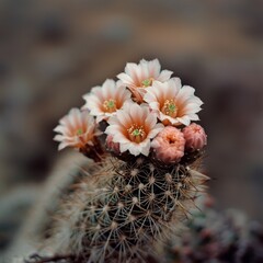A close-up of delicate pink cactus flowers blooming on a prickly green stem.