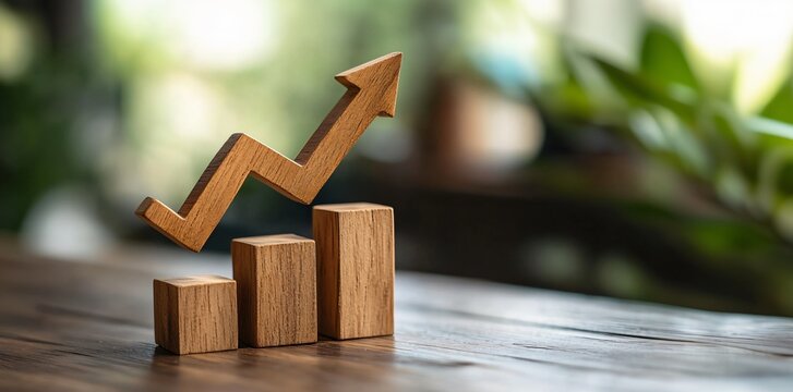 Positive Growth Concept Wooden Block Arrow Upward Trend Symbolizing Buzzle Growth Stock Candlestick Chart on Office Background