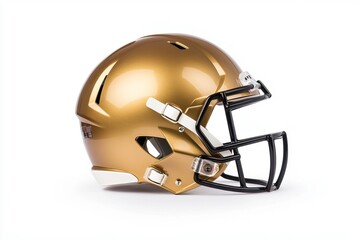 Fototapeta premium Stylish gold football helmet isolated on white background, perfect for sports-themed projects and branding.
