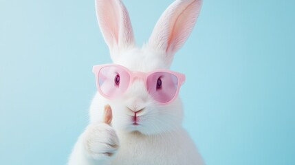 Obraz premium A white rabbit wearing pink glasses is giving a thumbs up