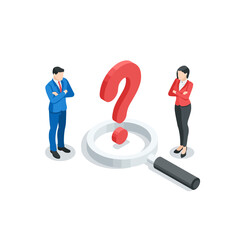 isometric vector business man and woman in a thoughtful pose stands near a question mark, in color on a white background, problem or search for solution