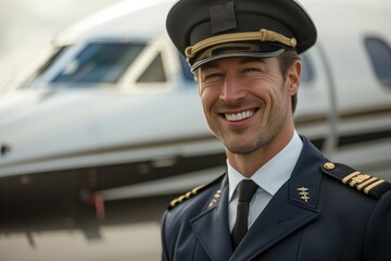 Confident pilot in navy blue uniform stands at airplane wing, hand on hip, looking directly at camera. Gray sky with clouds provides neutral background for authoritative figure.