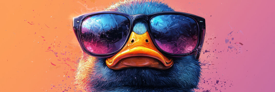 A close-up of a duck wearing sunglasses, looking cool and confident.