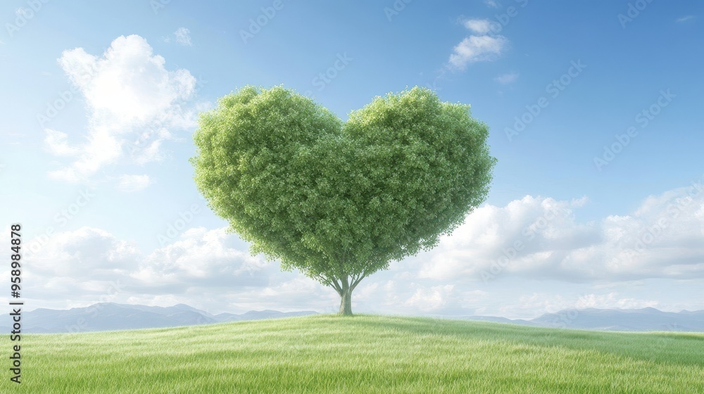 Poster a tree with a heart shape is growing in a field