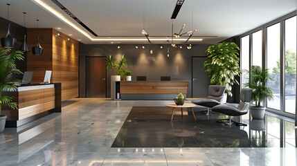 "Modern office reception area featuring a stylish and contemporary design with sleek furniture and elegant lighting fixtures."
