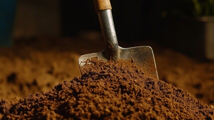 A close-up shot of a shovel full of rich, dark soil.  The shovel is partially buried in the soil, and the wooden handle is visible. The image is well-lit and has a warm tone.