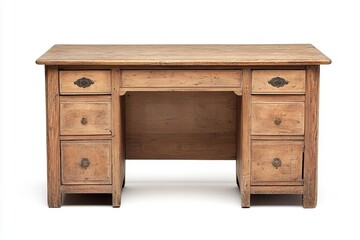 Vintage wooden desk featuring a rustic design with ample storage space, perfect for home or office use.