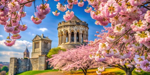 Fototapeta premium Cherry Blossoms Framing an Ancient Structure, Spring, Floral, Architecture, Landscape, Castle, Pink Flowers