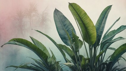 Watercolor artwork of tropical ti plant with gradient washes creating a dreamy transition on a soft background.