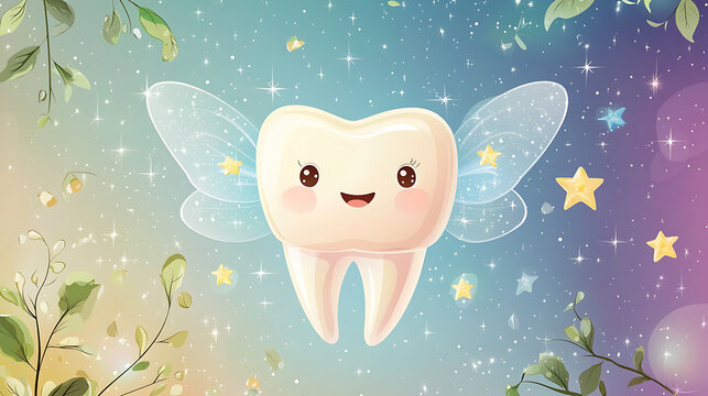 Cute cartoon tooth with fairy wings on the background of the starry sky