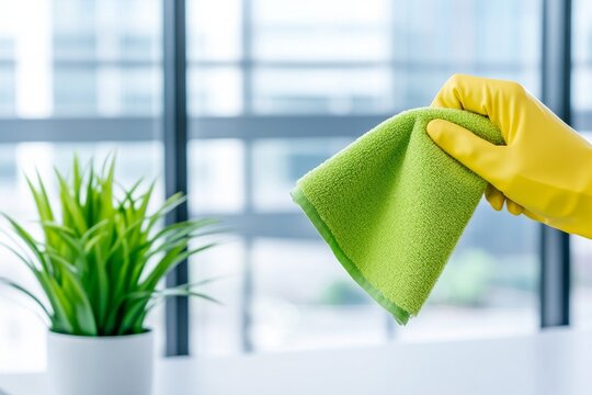 A cleaner wiping down surfaces in a modern office space, showcasing a bright, organized, and fresh environment